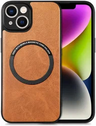 Apple iPhone 15 Hoesje MagSafe Kunstleer Back Cover Bruin afbeelding