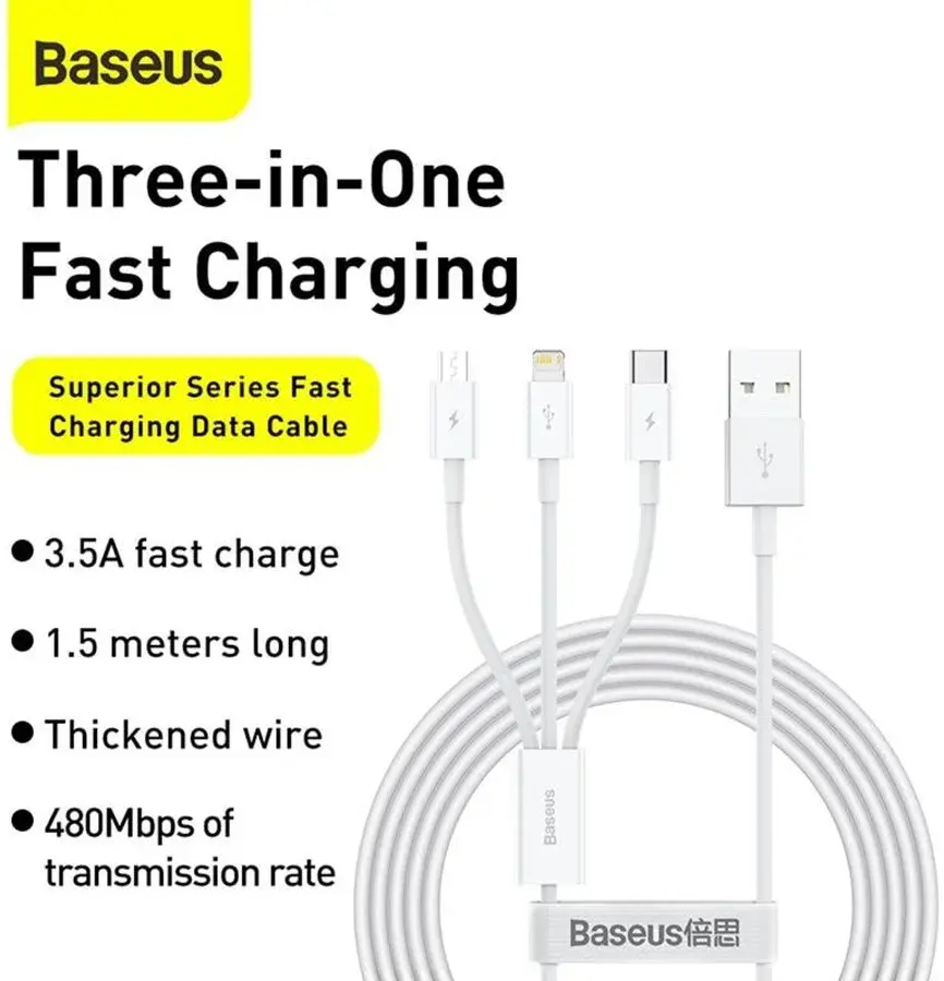 Baseus Superior 3-in-1 USB naar Lightning/USB-C/MicroUSB Kabel 1.5M afbeelding 2