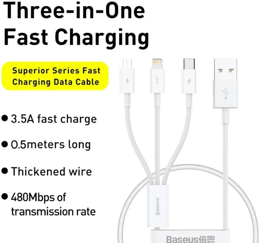 Baseus Superior 3-in-1 USB naar Lightning/USB-C/MicroUSB Kabel 0.5M afbeelding 3