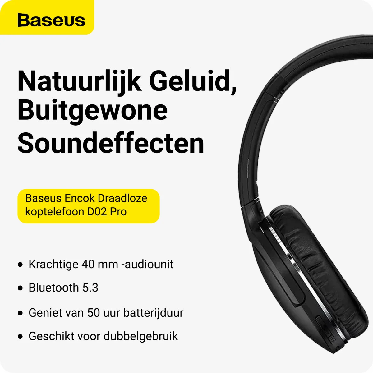 Baseus Encok Pro Draadloze Koptelefoon Bluetooth 5.3 Zwart afbeelding 3