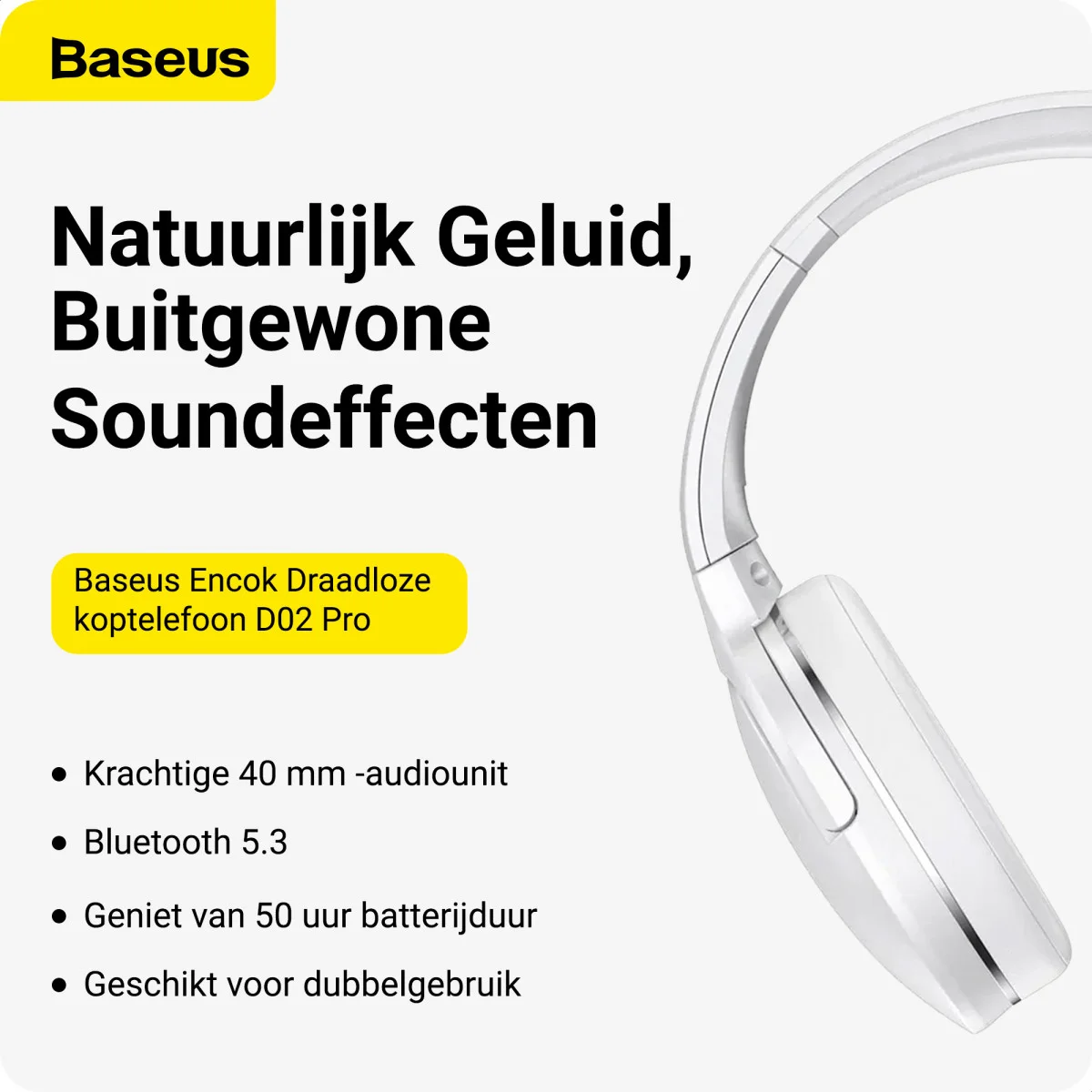 Baseus Encok Pro Draadloze Koptelefoon Bluetooth 5.3 Wit afbeelding 2