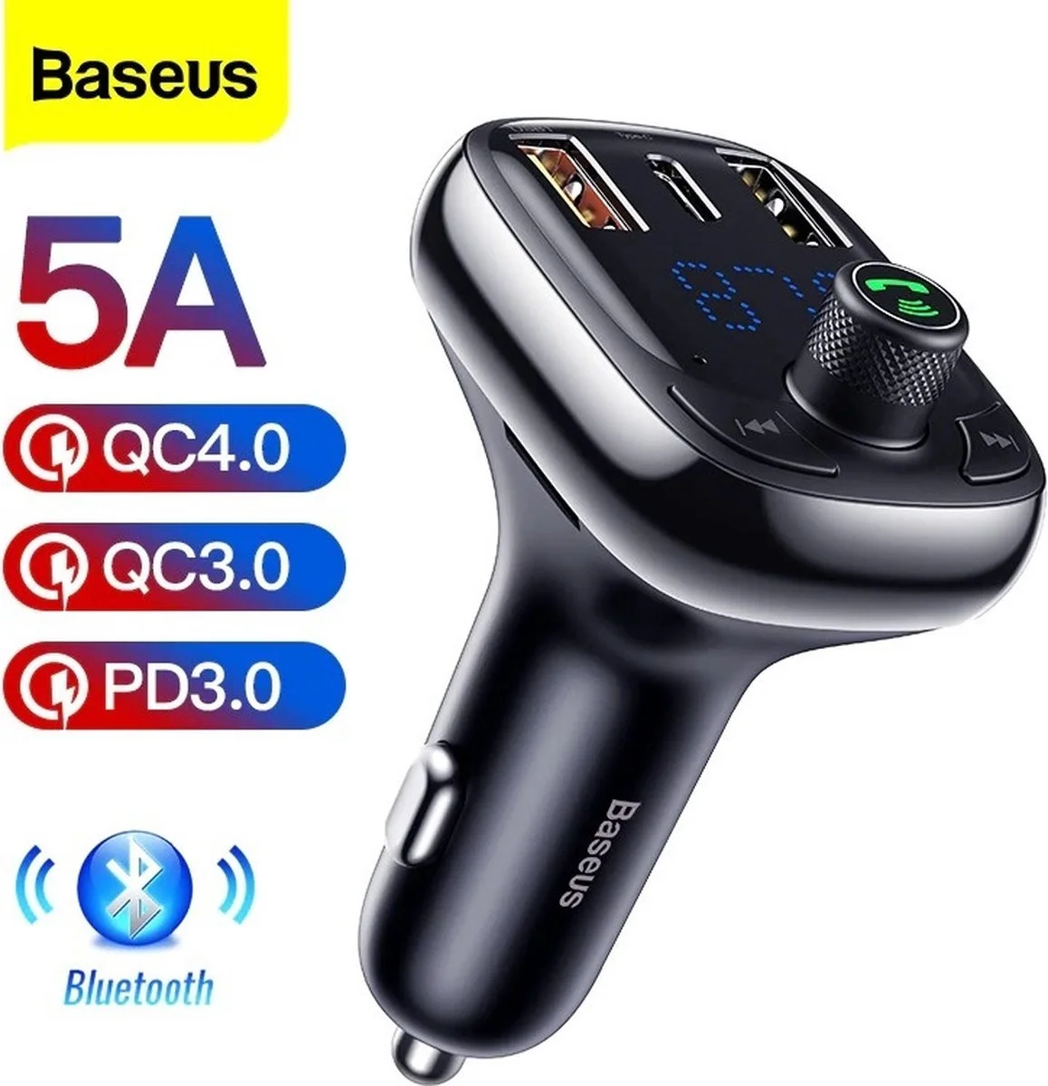 Baseus Bluetooth 5.0 Muziek Transmitter en Auto Snellader 28W Zwart afbeelding 3