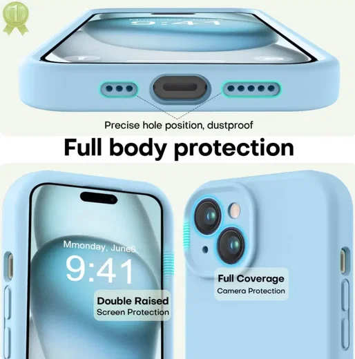 Apple iPhone 15 Hoesje Camera Bescherming Siliconen Back Cover Lichtblauw afbeelding 3
