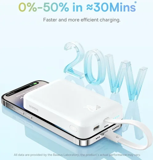 Baseus 10.000 mAh Powerbank MagSafe Ingebouwde Lightning Kabel Wit afbeelding 4