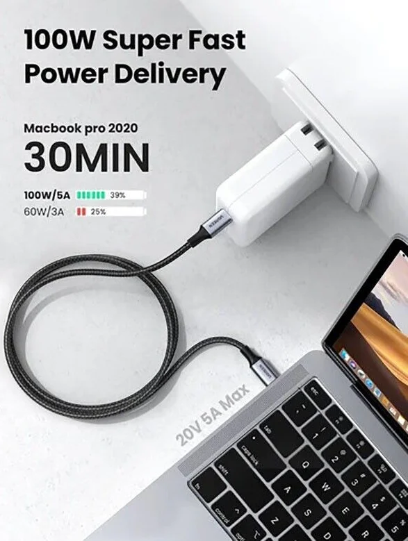 UGREEN 5A Gevlochten USB-C naar USB-C Kabel 100W Fast Charge 1M Zwart afbeelding 8