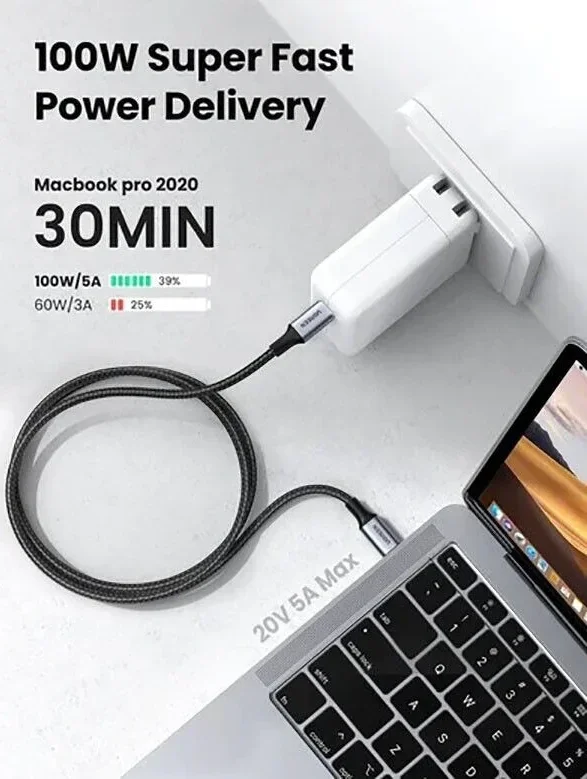 UGREEN 5A Gevlochten USB-C naar USB-C Kabel 100W Fast Charge 2M Zwart afbeelding 6