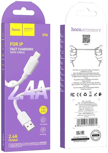 Hoco X96 2.4A Fast Charge USB naar Lightning Laadkabel 1M Wit afbeelding 4