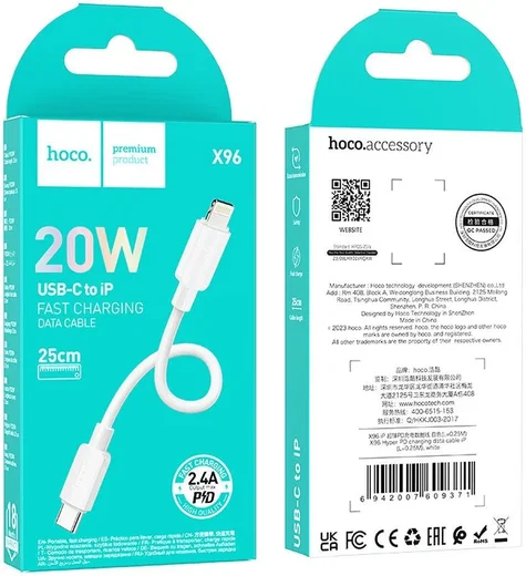 Hoco X96 20W Fast Charge PD USB-C naar Lightning Laadkabel 0.25M Wit afbeelding 5