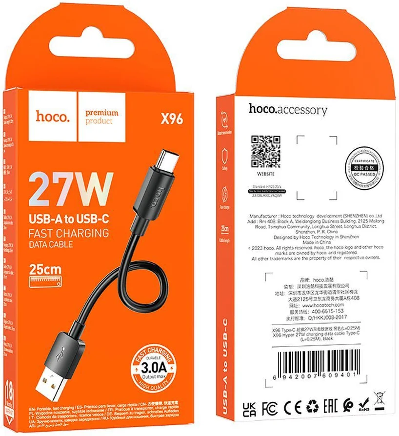 Hoco X96 27W Fast Charge PD USB naar USB-C Snellaad Kabel 0.25M Zwart afbeelding 4