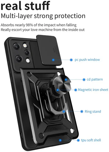 Xiaomi Redmi 12 Hoesje met Camera Slider en Kickstand Ring Zwart afbeelding 8