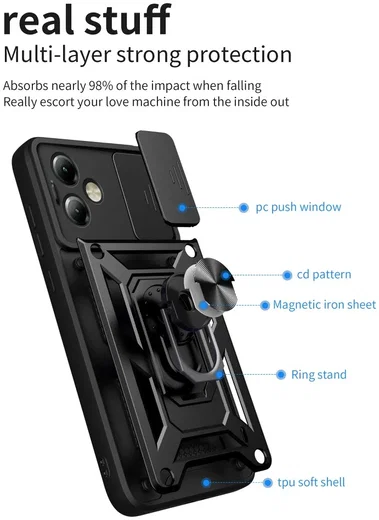 Motorola Moto G14 Hoesje met Camera Slider en Kickstand Ring Zwart afbeelding 8