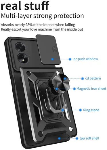 Oppo A18 / A38 Hoesje met Camera Slider en Kickstand Ring Zwart afbeelding 7