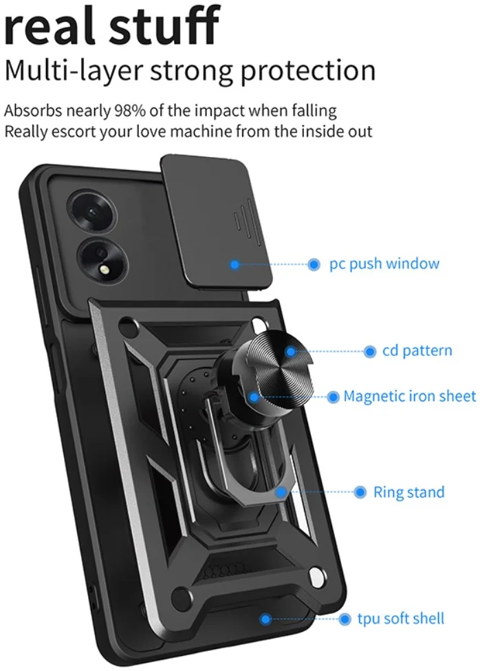 Oppo A18 / A38 Hoesje met Camera Slider en Kickstand Ring Blauw afbeelding 7