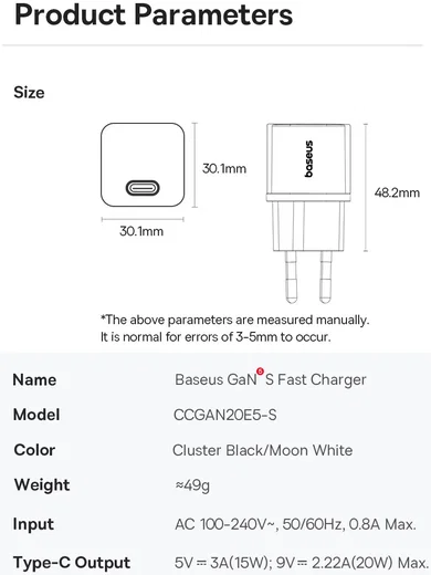 Baseus GaN5S USB-C Snellader 20W Power Delivery Adapter Zwart afbeelding 11