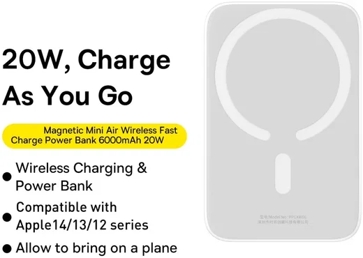 Baseus Mini 6.000 mAh Powerbank Compact met MagSafe Wit 20W afbeelding 3