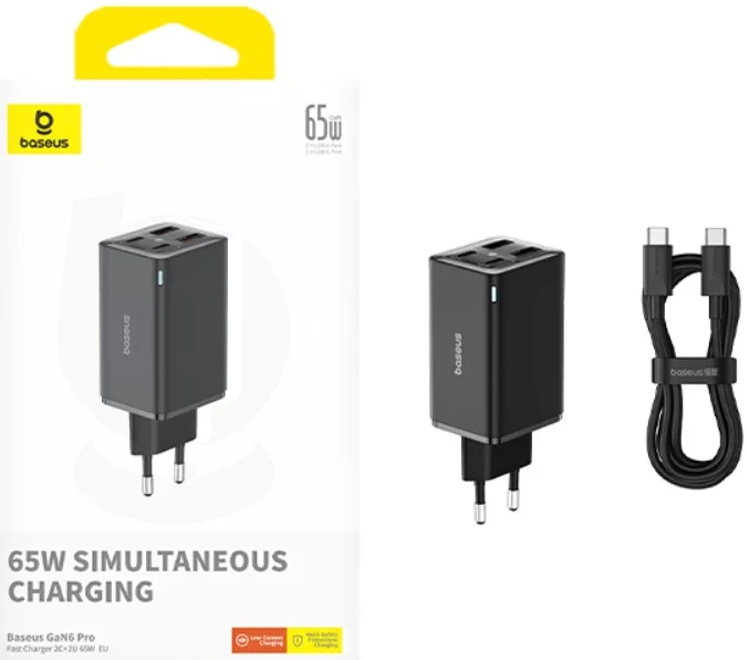 Baseus GaN6 65W USB-C/USB Snellader + 100W USB-C Kabel 1M Zwart afbeelding 14