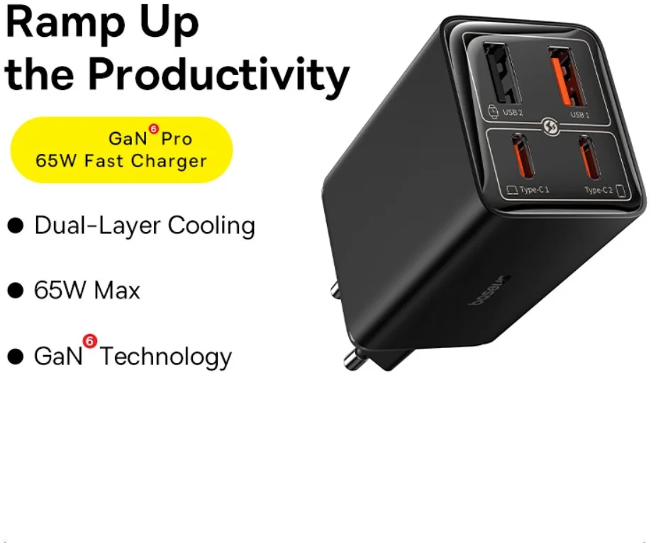 Baseus GaN6 65W USB-C/USB Snellader + 100W USB-C Kabel 1M Zwart afbeelding 3