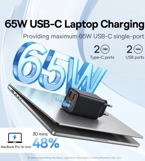 Baseus GaN6 65W USB-C/USB Snellader + 100W USB-C Kabel 1M Zwart afbeelding 4