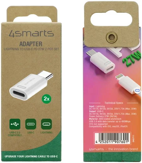 4smarts Apple USB-C naar Apple Lightning Adapter 27W PD Wit (2-Pack) afbeelding 5
