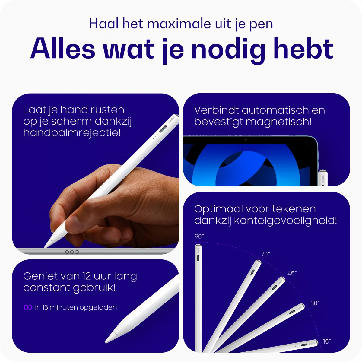 Buddi Wave Actieve Stylus Pen met Handpalmrejectie (voor iPad) Wit afbeelding 5