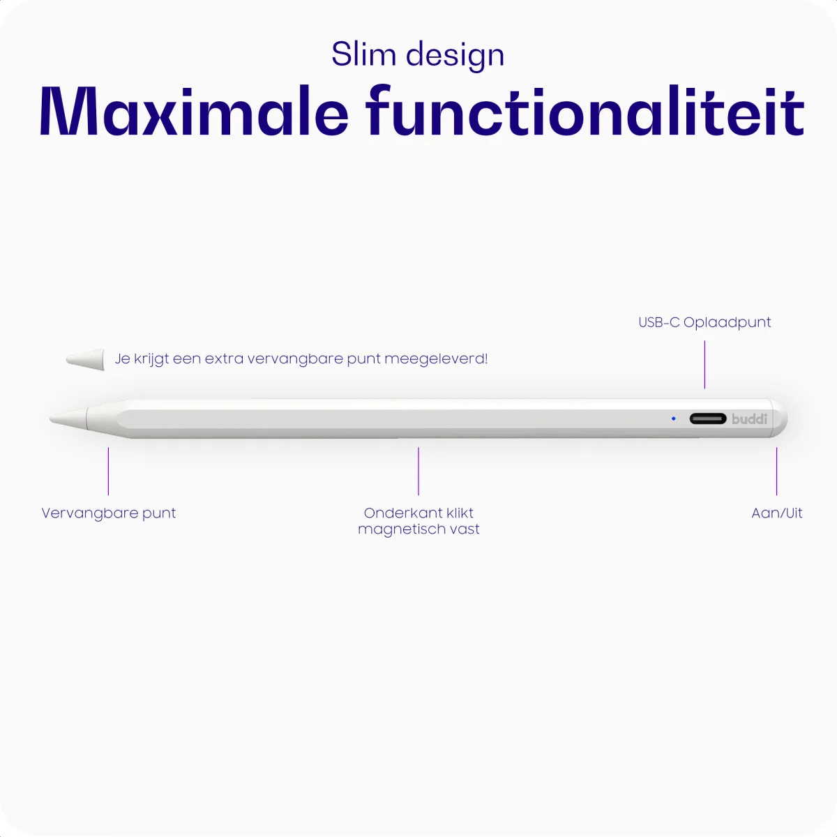 Buddi Flow Universele Actieve Stylus Pen met USB-C Poort Wit afbeelding 2