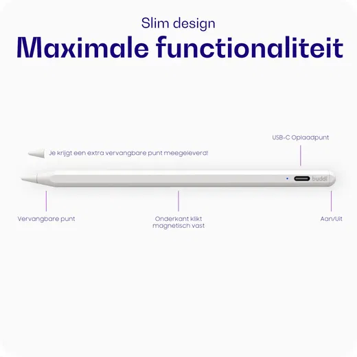 Buddi Flow Universele Actieve Stylus Pen met USB-C Poort Wit afbeelding 2