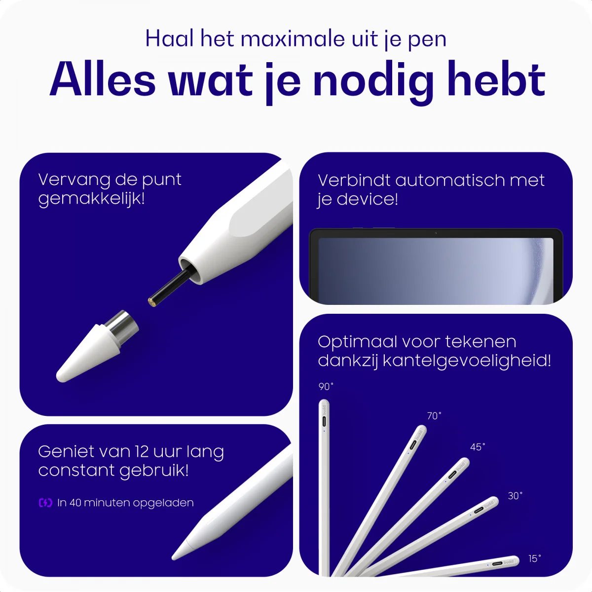 Buddi Flow Universele Actieve Stylus Pen met USB-C Poort Wit afbeelding 4