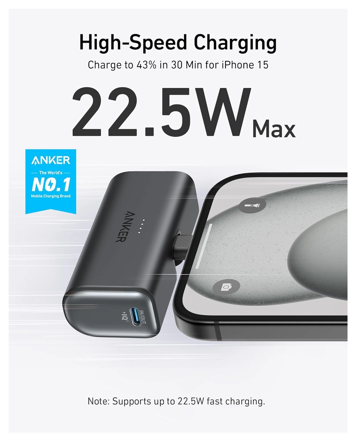 Anker Nano (22.5W) 5.000 mAh Mini Powerbank met USB-C Connector Zwart afbeelding 2