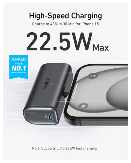 Anker Nano (22.5W) 5.000 mAh Mini Powerbank met USB-C Connector Zwart afbeelding 2