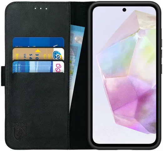 Rosso Deluxe Samsung Galaxy A35 Hoesje Echt Leer Book Case Zwart afbeelding 1