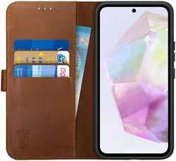 Rosso Deluxe Samsung Galaxy A35 Hoesje Echt Leer Book Case Bruin afbeelding