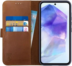 Rosso Deluxe Samsung Galaxy A55 Hoesje Echt Leer Book Case Bruin afbeelding