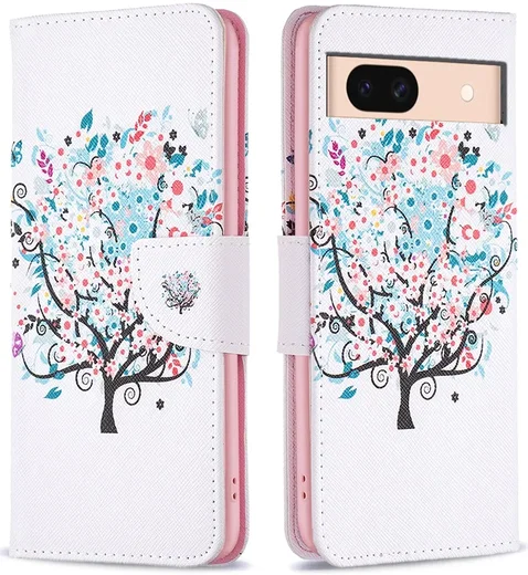 Google Pixel 8a Hoesje Portemonnee Book Case Bloemen Boom Print afbeelding 1