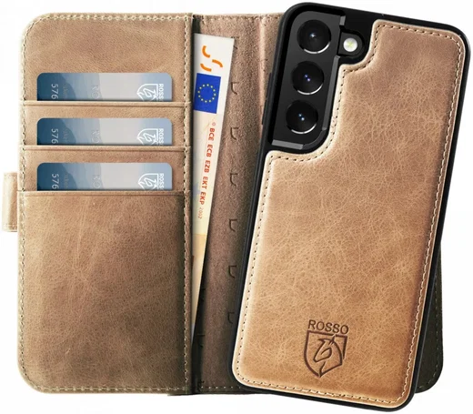 Rosso Elite Samsung S22 Hoesje MagSafe Book Case Echt Leer Lichtbruin afbeelding 1