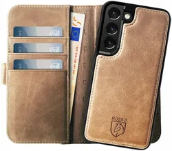 Rosso Elite Samsung S22 Hoesje MagSafe Book Case Echt Leer Lichtbruin afbeelding