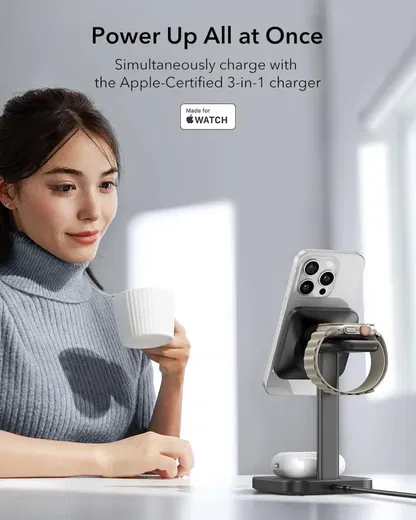 ESR HaloLock 15W 3-in-1 MagSafe Oplader iPhone/AirPods/Apple Watch Zwart afbeelding 2