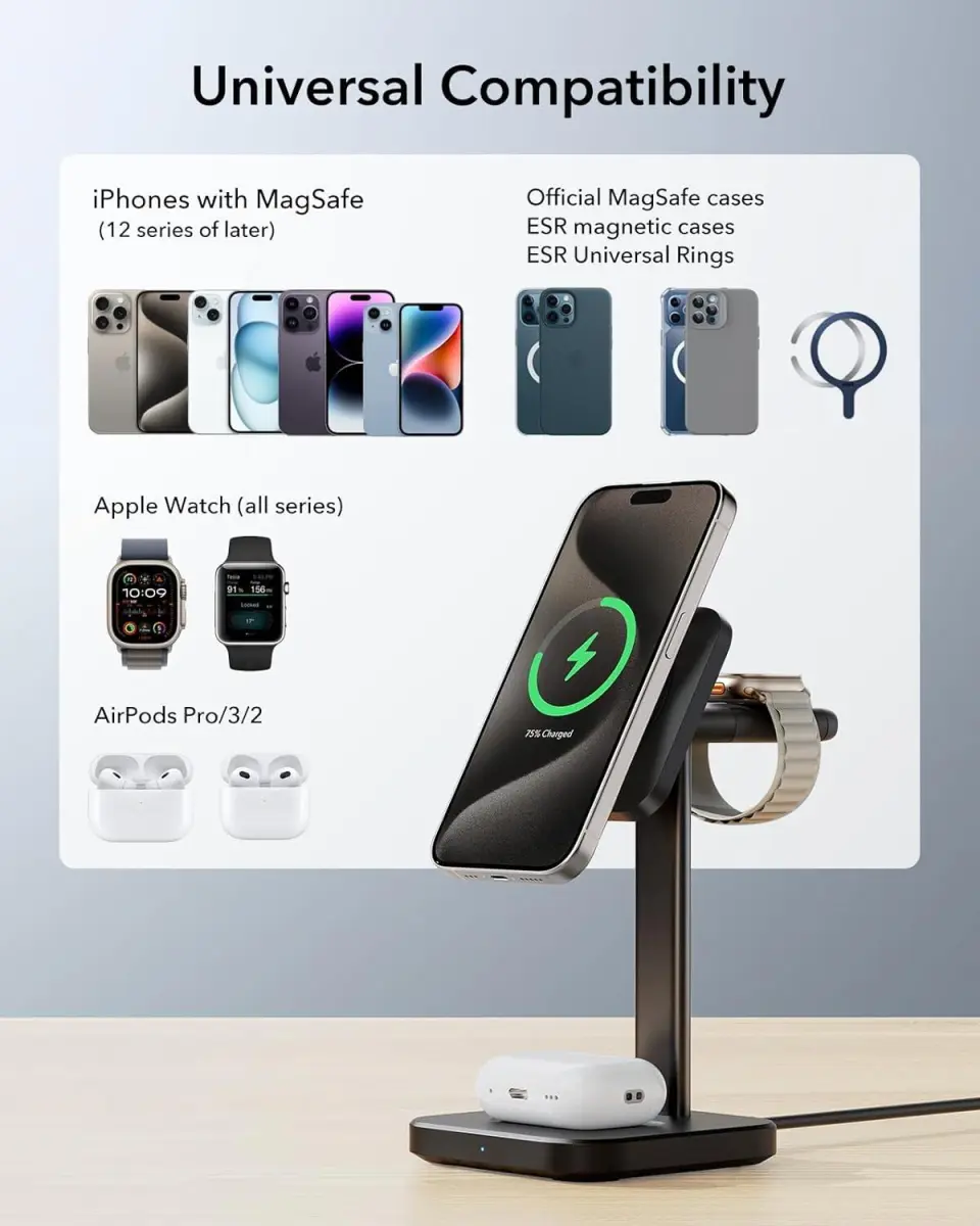 ESR HaloLock 15W 3-in-1 MagSafe Oplader iPhone/AirPods/Apple Watch Zwart afbeelding 10