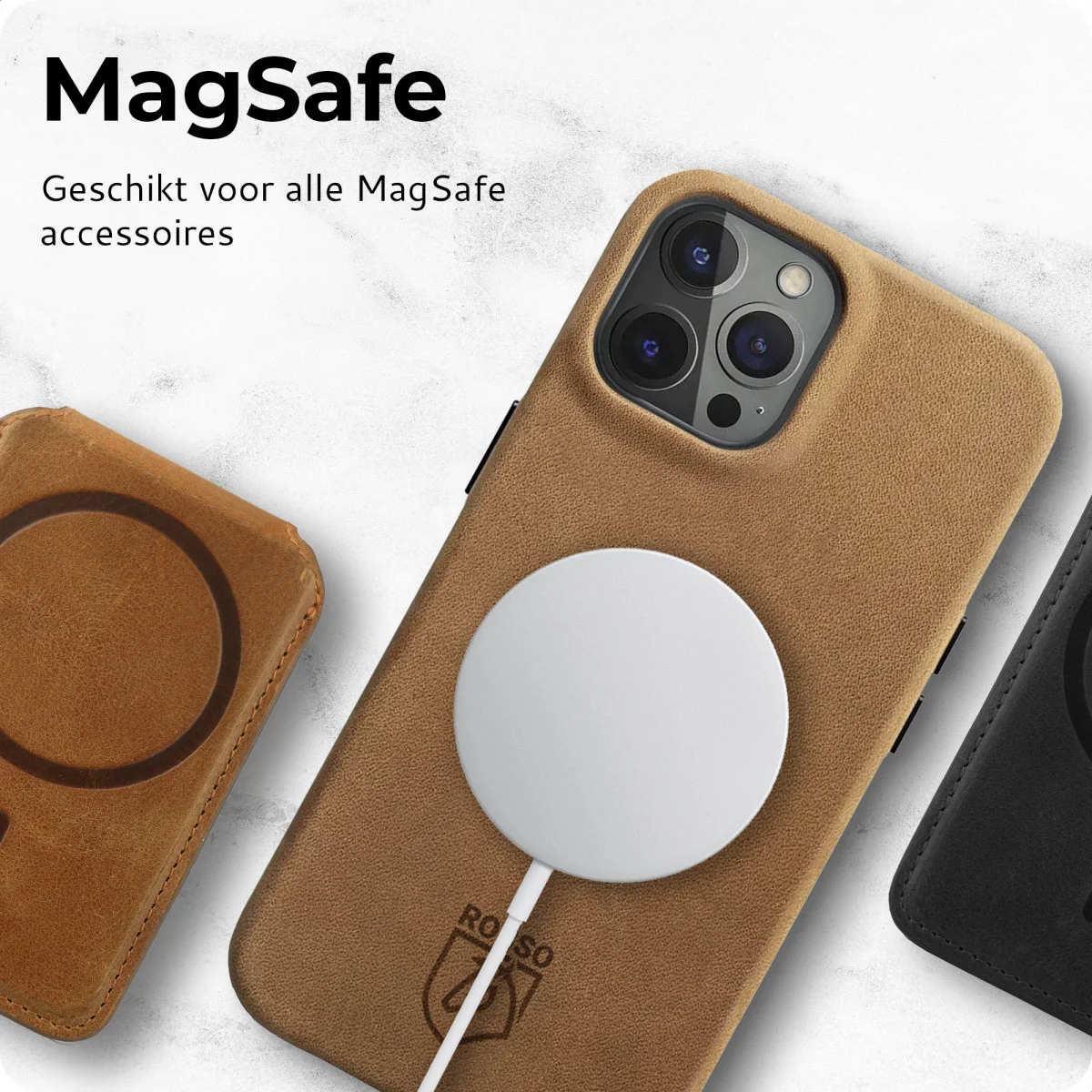 Rosso Elite iPhone 15 Pro Max Hoesje Leer MagSafe Lichtbruin afbeelding 7