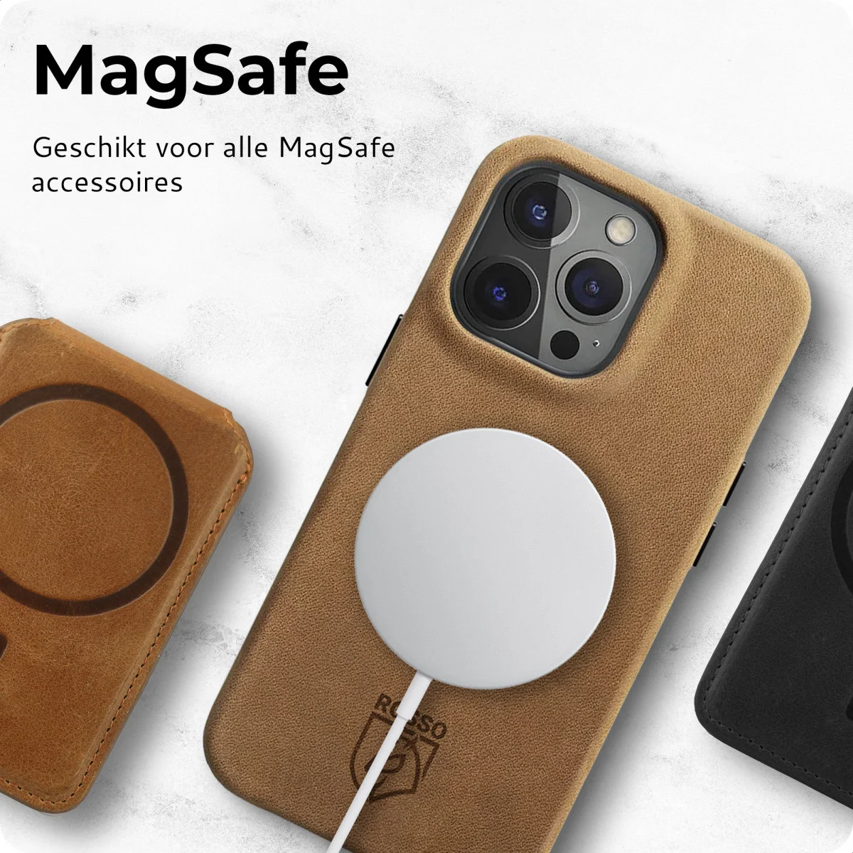Rosso Elite iPhone 15 Pro Hoesje Leer Back Cover MagSafe Lichtbruin afbeelding 8