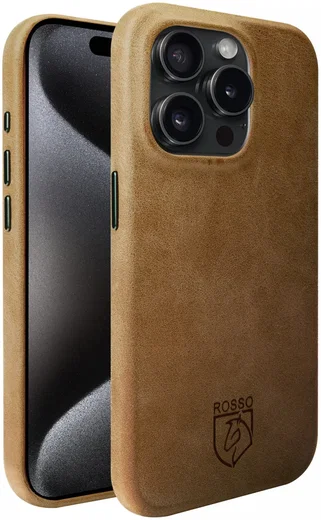 Rosso Elite iPhone 15 Pro Hoesje Leer Back Cover MagSafe Lichtbruin afbeelding 2