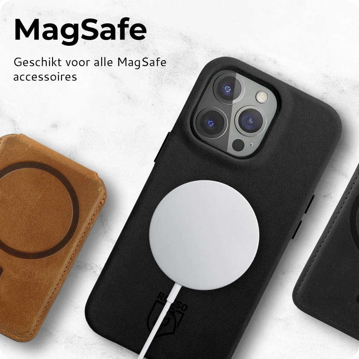 Rosso Elite iPhone 15 Pro Hoesje Leer Back Cover MagSafe Zwart afbeelding 8