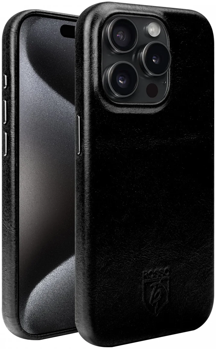 Rosso Elite iPhone 15 Pro Hoesje Leer Back Cover MagSafe Zwart afbeelding 2