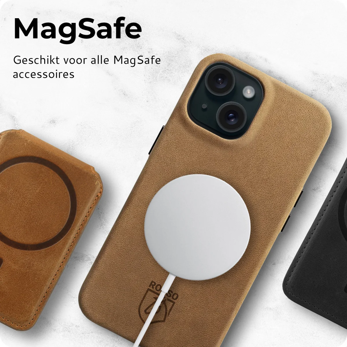 Rosso Elite iPhone 15 Hoesje Leer Back Cover MagSafe Lichtbruin afbeelding 8