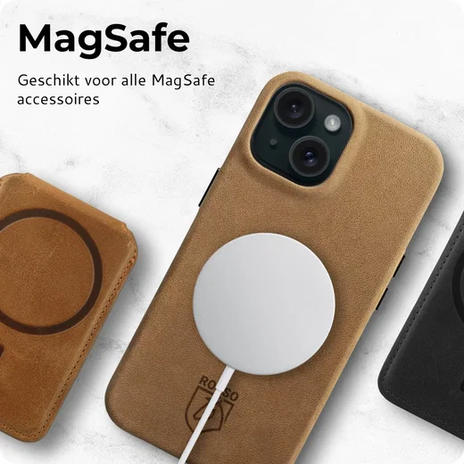Rosso Elite iPhone 15 Hoesje Leer Back Cover MagSafe Lichtbruin afbeelding 8