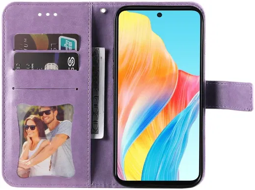 Oppo A58 4G Hoesje Bloemen Book Case met Pasjeshouder Paars afbeelding 2