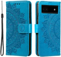 Google Pixel 8a Hoesje Mandala Book Case met Pasjeshouder Blauw afbeelding