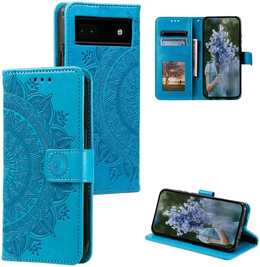 Google Pixel 8a Hoesje Mandala Book Case met Pasjeshouder Blauw afbeelding 4
