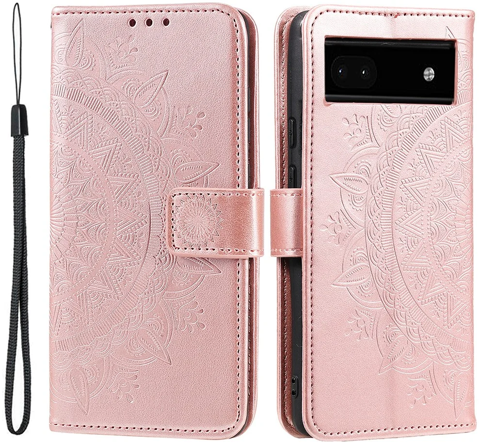 Google Pixel 8a Hoesje Mandala Book Case met Pasjeshouder Roze Goud afbeelding 1