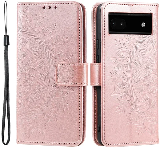 Google Pixel 8a Hoesje Mandala Book Case met Pasjeshouder Roze Goud afbeelding 1
