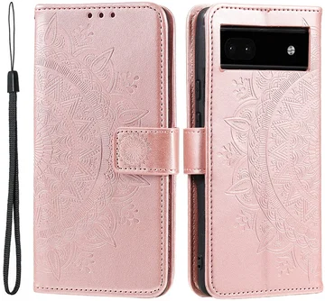 Google Pixel 8a Hoesje Mandala Book Case met Pasjeshouder Roze Goud